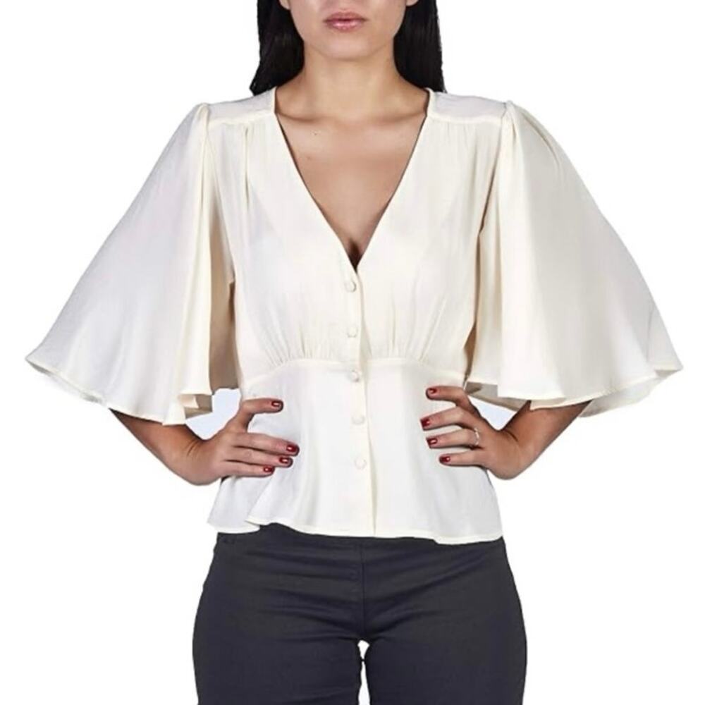Forever 21 Cream Champagne Faux Satin Button Down V-Neck Blouse Size Small